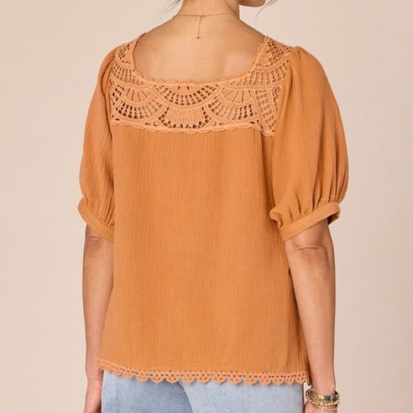 Democracy Above Elbow Bubble Sleeve Square Crochet Neck Woven Top Sz  XL - Picture 2 of 12